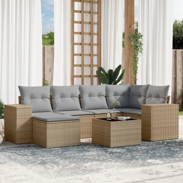vidaXL 7-delige Loungeset met kussens poly rattan beige, foto 2