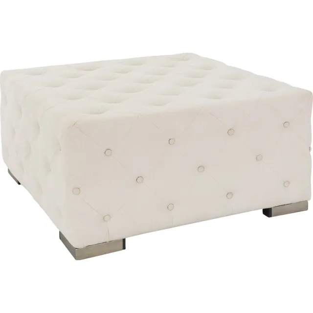 womo-design zitpoef xxl ostrava gestoffeerde kruk sofa poef handgemaakt van linnen crème met zilver metalen voeten vierkant 90x45x90cm moderne knoop stitching comfortabel voor woonkamer slaapkamer hal bank zitting poef voetbankje Cream