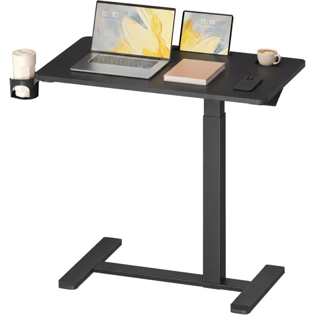 Songmics Bijzettafel - Mobiel met Wielen en Bekerhouders - Zwart - 80 x 45 x (65-102) cm