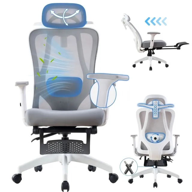 FOXSPORT Bureaustoel - Verstelbare hoofdsteun, armsteun, lendenkussen - met voetsteun - Computerstoel - Voor Gamen/Kantoor/Thuiswerken - met kledingrek - Office Chair - Ergonomische Gamestoel - Grijs Grijs，met voetsteun