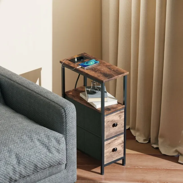 WUVRIE Bijzettafel 40 x 20 x 63 cm - Ladestation met USB en USB-C - 2 stoffen lades - Rustiek bruin