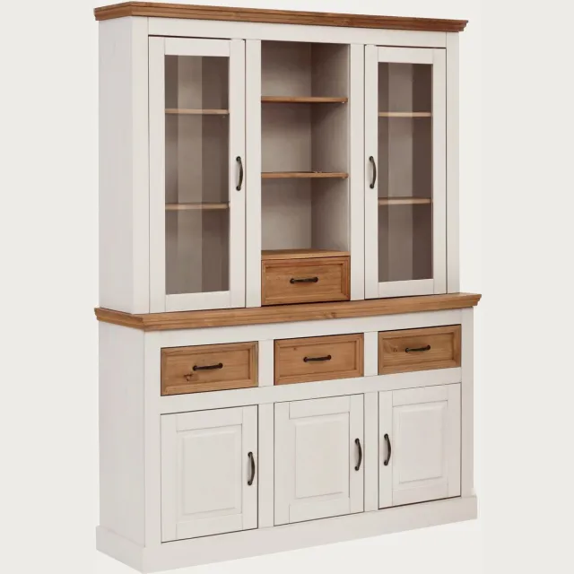 Notio Living Selma Buffetkast met 5 Deuren, 4 Lades en Glazen Deuren - Massief Grenenhout - 145 cm- Wit