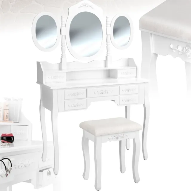 Tectake Make Up Tafel - Kaptafel met 7 Lades - Met Spiegel en Krukje - Make Up Stoel - Makeup Tafel Geschikt voor Kind en Volwassenen - Tafelhoogte 75 cm - Met Gestoffeerde Zitkruk wit