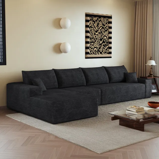 MEUNIQ modulaire hoekbank 340 cm met L-vormige chaise longue, 4-zits, corduroy, zonder montage, voor woonkamer, slaapkamer en appartement, zwart