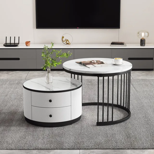 REDOM Salontafel set van 2, nesting 60x60x45.5 cm + 50x50x32 cm van MDF met hoogglans marmerlook, wit/zwart
