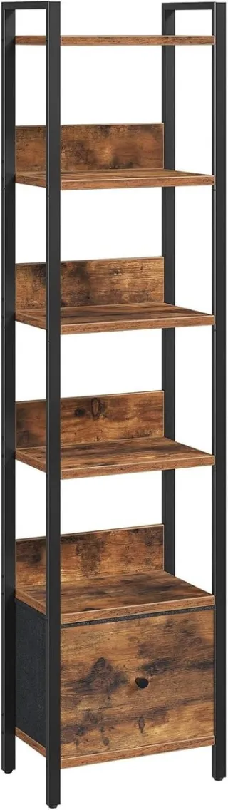 Lexium Store Verticale onzichtbare boekenkast - Vintage Bruin en Zwart - 33 x 24 x 157,5 cm - Met 6 Niveaus en Uitneembare Lade - Voor Kleine Ruimtes en Thuiskantoor Vintage Bruin, Zwart