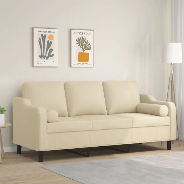 vidaXL Driezitsbank met sierkussens 180 cm stof crèmekleurig