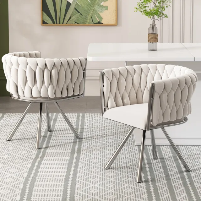 COVREO Eetkamerstoel set van 2 59x54x72 cm - beige velvet, draaibaar, metalen onderstel