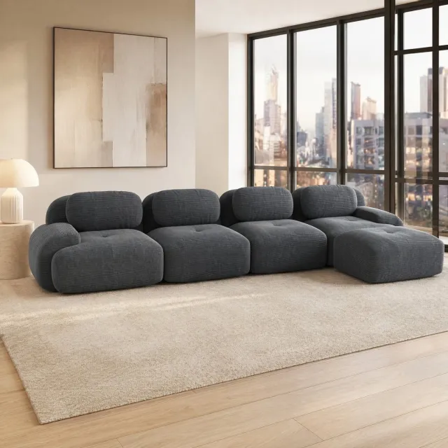 COVREO Hoekbank 388 x 178 x 75 cm - grijs corduroy, 4-zits, chaise longue, zonder montage Grey