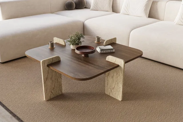Skye Decor , Salontafel, Poalla - Walnut, Travertine, Gemelamineerde spaanplaat, Walnoot & Travertin, 90 x 90 x 35 cm