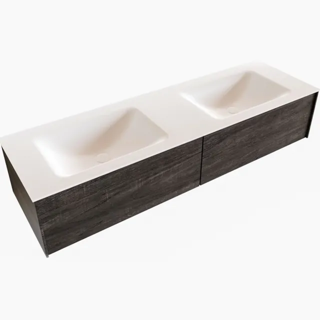 Boss & Wessing Badkamermeubel BWS Madrid Dark Brown 150x45x30 cm Mat Witte Solid Surface Wastafel Dubbel (2 lades, 2 kraangaten)