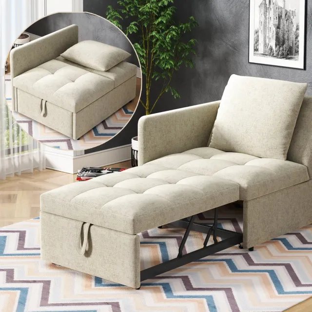 MODENUIT Slaapbank 177 x 68 x 65 cm - 3-in-1 Met 5-Standen Rugleuning En Kussen - Voor Kleine Ruimtes - Linnen Beige