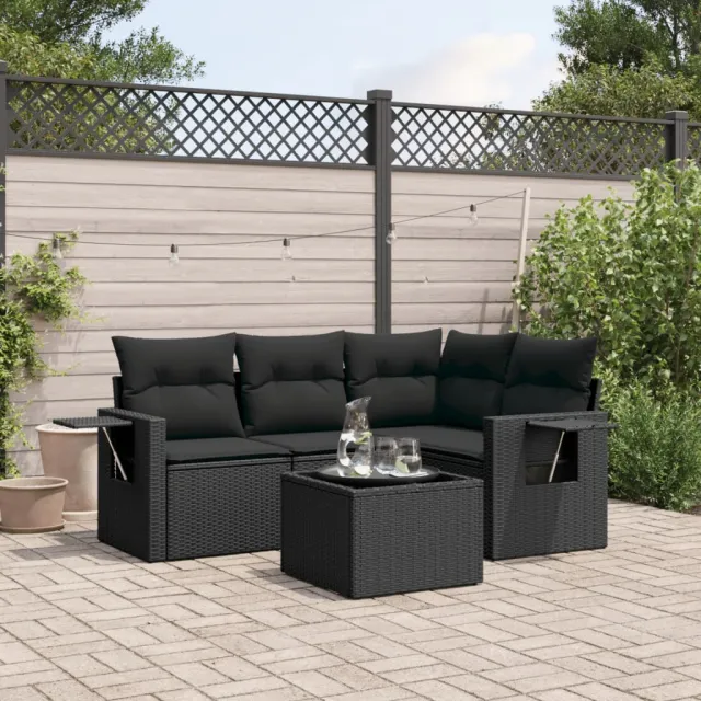 vidaXL 5-delige Loungeset met kussens poly rattan zwart, foto 2