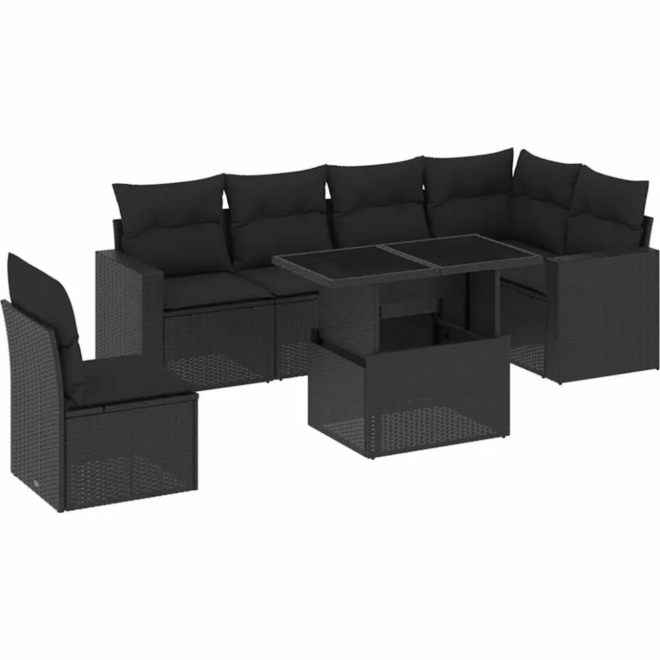 vidaXL 7-delige Loungeset met kussens poly rattan zwart