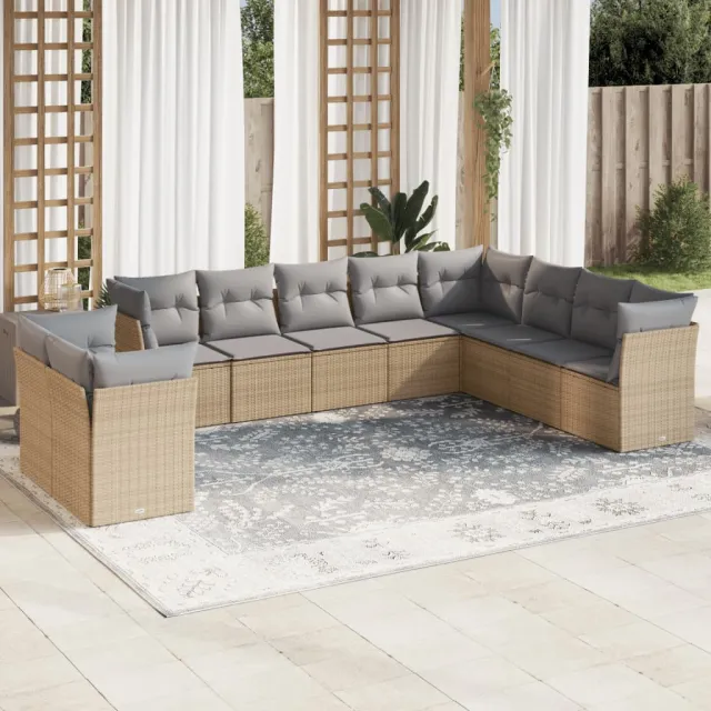 vidaXL 10-delige Loungeset met kussens poly rattan beige, foto 2