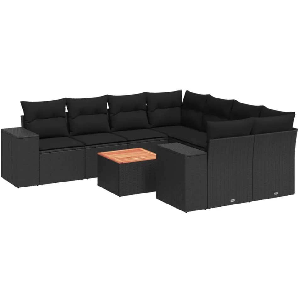 vidaXL 9-delige Loungeset met kussens poly rattan zwart, foto 3