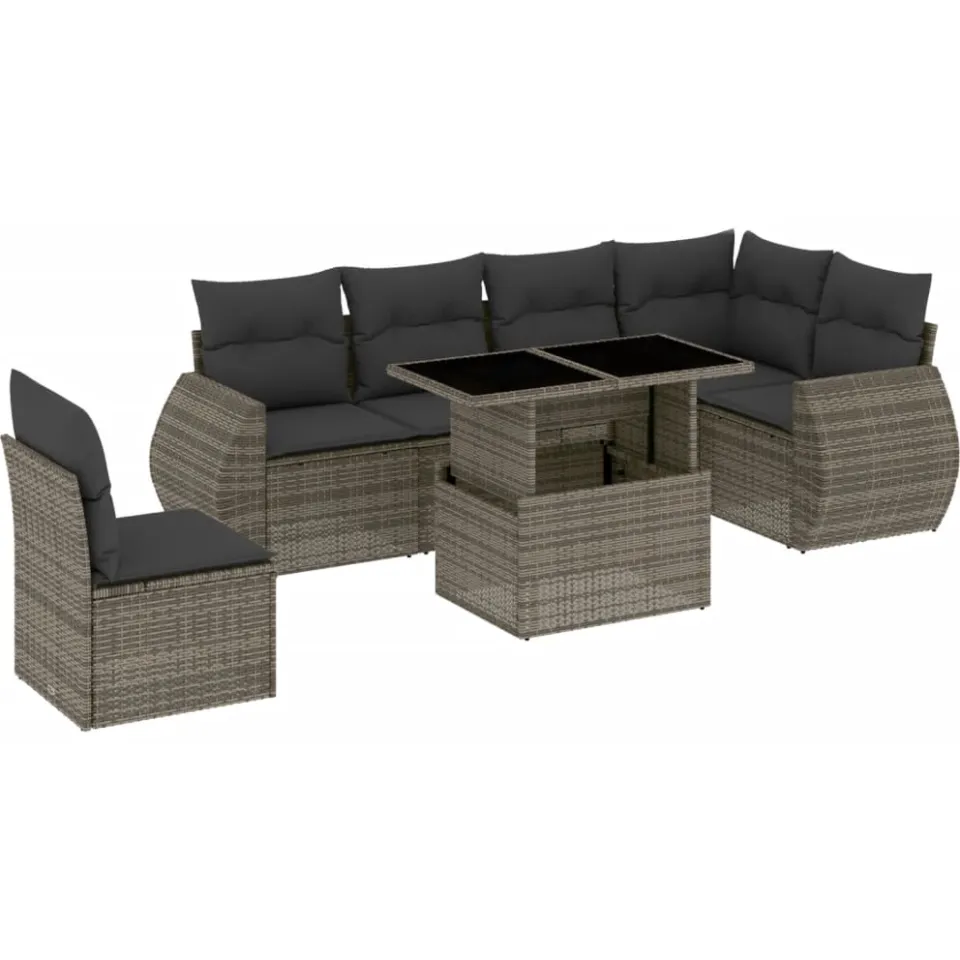 vidaXL 7-delige Loungeset met kussens poly rattan grijs, foto 3