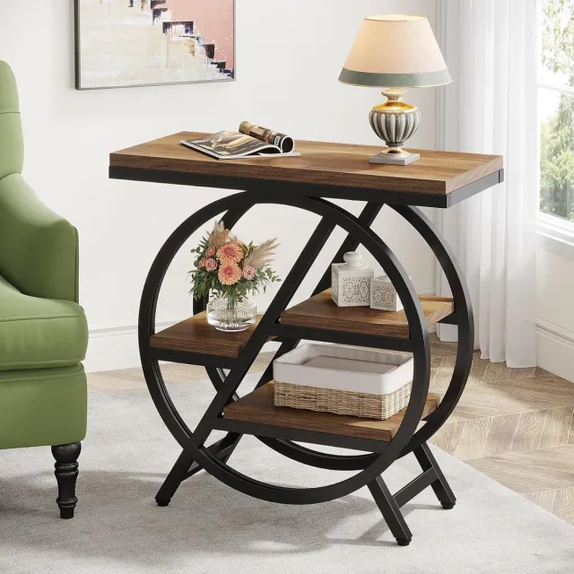 Tribesigns Bijzettafel - Tafel met 3 Niveaus en Opbergruimte - Industriële Kleine Bijzettafel voor Woonkamer- Tafel - Sidetable voor Woonkamer, Thuiskantoor - 65×30×65 cm - Bruin