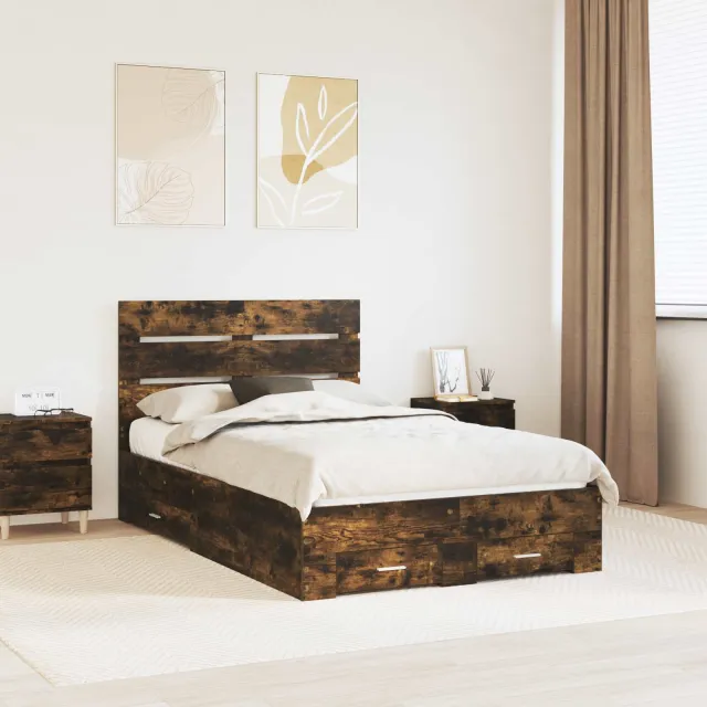 vidaXL Bedframe met lade Gerookt eiken 120 x 200 cm Bewerkt hout Bruin