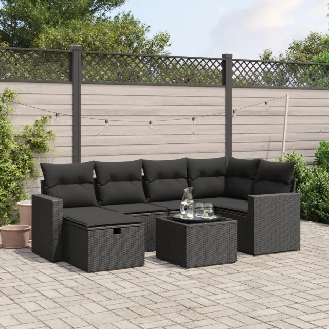 vidaXL 7-delige Loungeset met kussens poly rattan zwart, foto 2