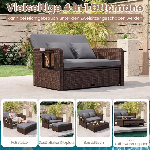 Laura Rotan Tuin Loungeset 3-in-1 Ligstoel met Verstelbare Rugleuning en Opbergruimte – 166x166x55 cm – 2 Persoons Balkon- & Terrasset met Kussens – Bruin Gemêleerd Grijs – Laura