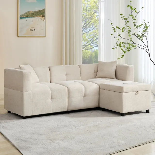 Clruro Hoekbank - 3-zits L-vorm - Met opbergruimte hocker en 2 kussens - Stof Beige