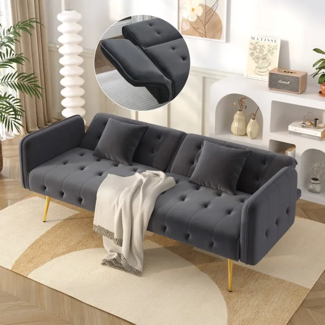 REDOM Tweezits Slaapbank - Verstelbare Rugleuning En Armleuningen - Modern - Voor Woonkamer - Fluweel - Antiekgrijs - 178 x 82 x 70cm