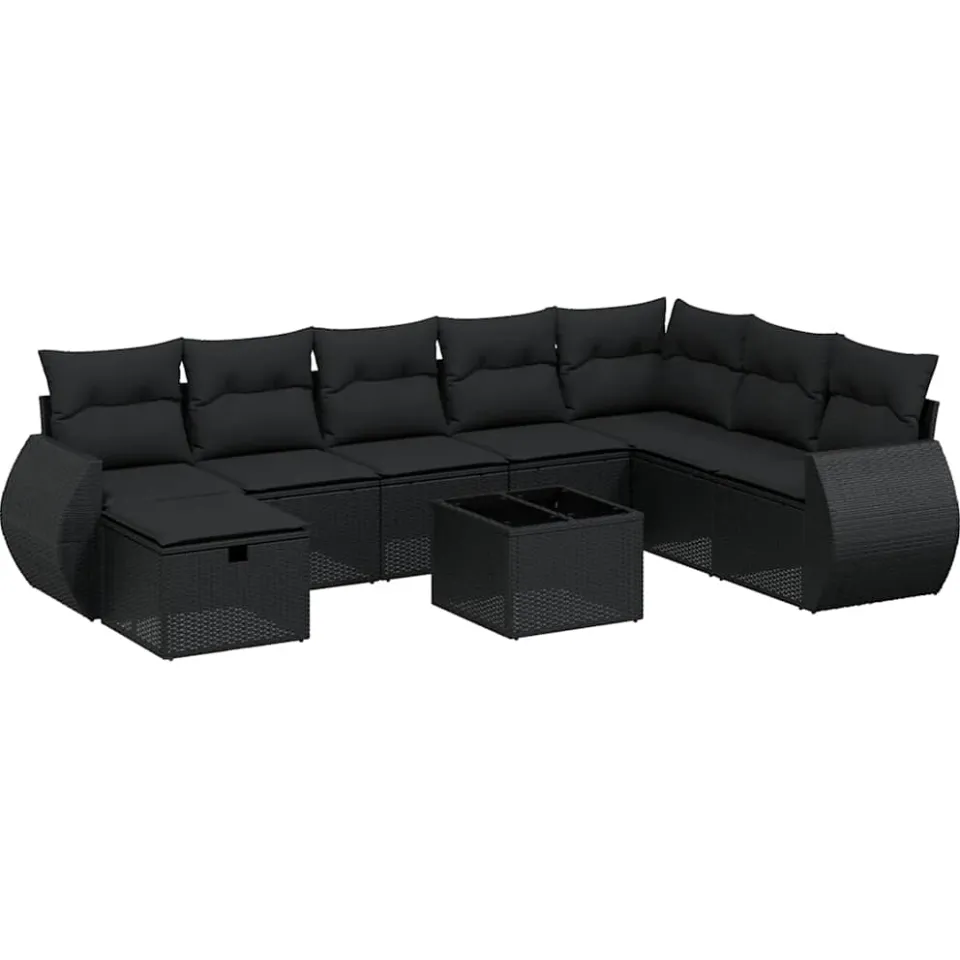 vidaXL 9-delige Loungeset met kussens poly rattan zwart