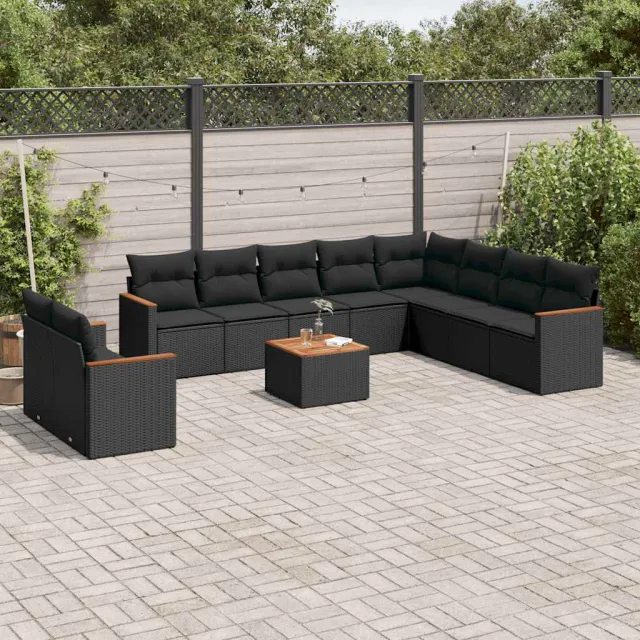 vidaXL 11-delige Loungeset met kussens poly rattan zwart, foto 2