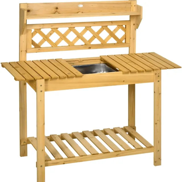 Outsunny Oppottafel - Met Verschuifbaar Werkblad - Hout – 90 x 45 x 120 cm – Met inzetbak van RVS - Geimpregneerd Bruin