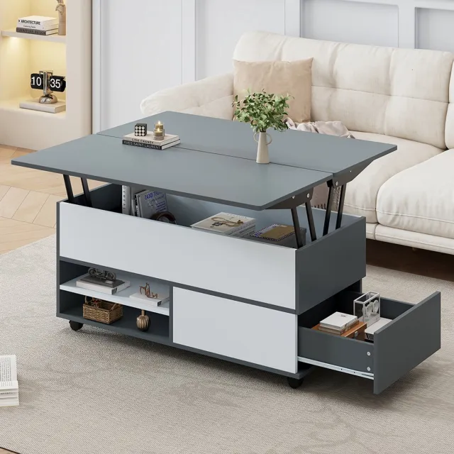 KOMHTOM 100*98*65cm Salontafel in hoogte verstelbare salontafel met verborgen opbergruimte en legplanksalontafel op wieltjes en met ladesmultifunctionele eettafel met veel opbergruimtegrijs-wit Zwart