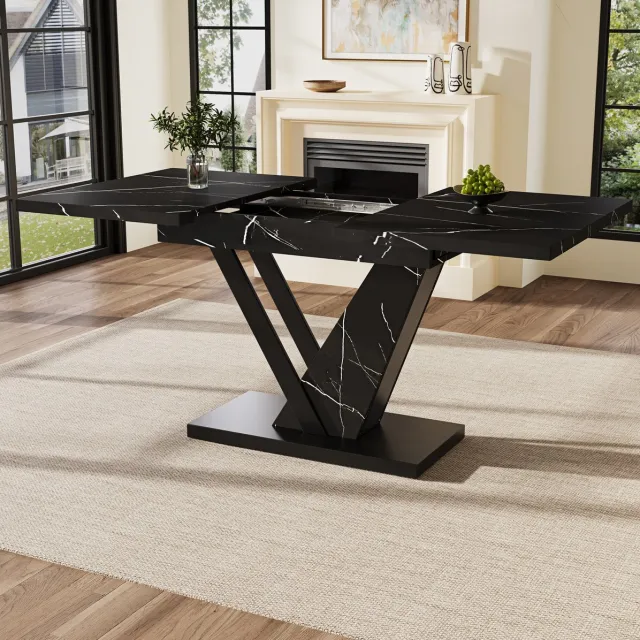 Wishdor Eettafel - Uitschuifbaar telescoopdesign - Vergrendelbare rails en verstelbare poten - Modern - Keuken woonkamer - Bewerkt hout en metaal - Zwart - 120-160 x 75 x 75,5 cm