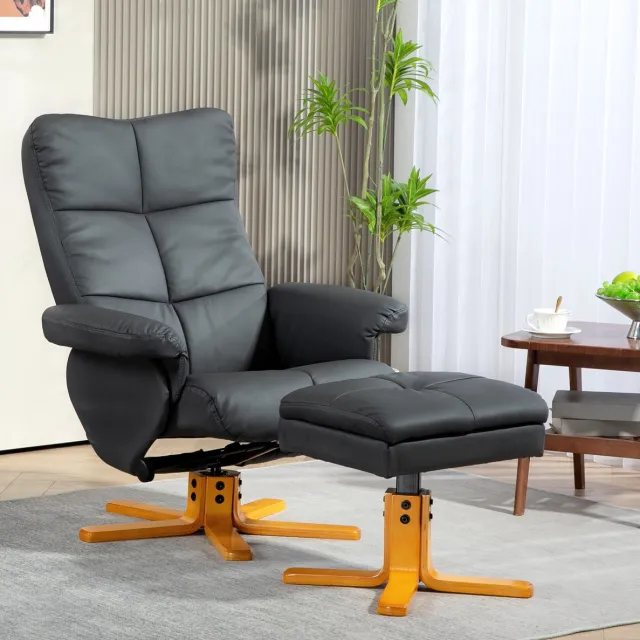 MEUNIQ Relaxfauteuil met hocker en opbergruimte, 80 x 86 x 99 cm, 145° handmatig verstelbare rugleuning, 360° draaibaar, kunstleer, woonkamer of slaapkamer, donkergrijs