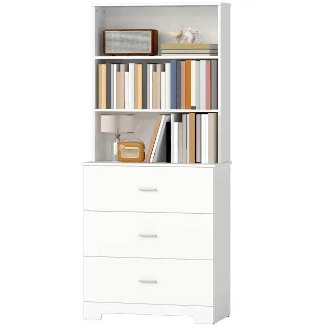 Lunpog Boekenkast - Boekenkast Hoge Kast - 3 Laden - Verstelbare Planken - Open Opbergrek - 79 x 39,5 x 182,2 cm - Wit