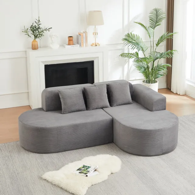 Wishdor L-vormige hoekbank met liggedeelte en 4 zitplaatsen - Gebogen rugleuning en armleuningen - Modern design - Woonkamer speelkamer verblijfsruimte - Ribfluweel - Grijs - 220 x 155 x 70 cm