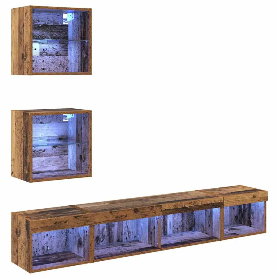 vidaXL TV Wand Eenheden met LED 5 st Oud hout Bewerkt hout bruin, foto 3