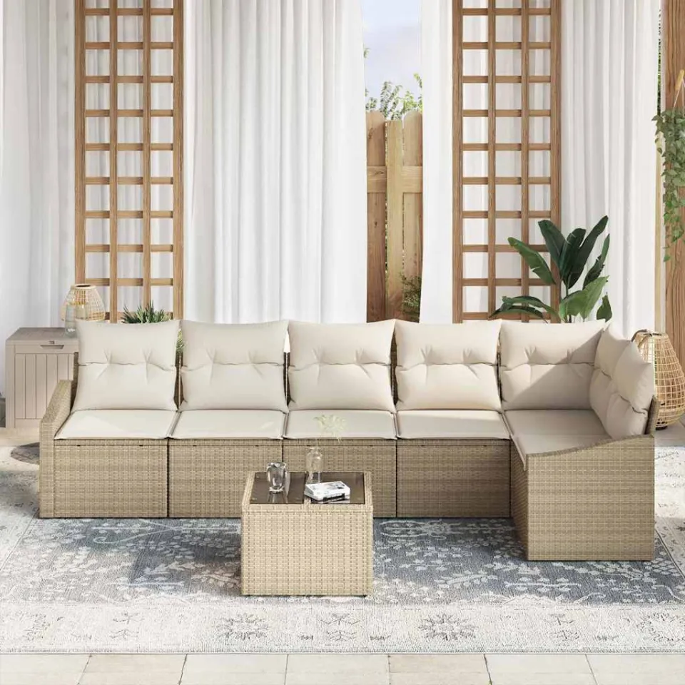 vidaXL Tuinbankenset 7 st Beige en Crème poly rattan, foto 3
