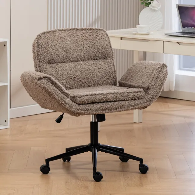 MIVRAY Bureaustoel 60 x 54 x 91,8 cm - Draaibaar Met Opklapbare Armleuningen - Voor Homeoffice En Woonkamer - Metaal En Teddystof - Bruin Brown