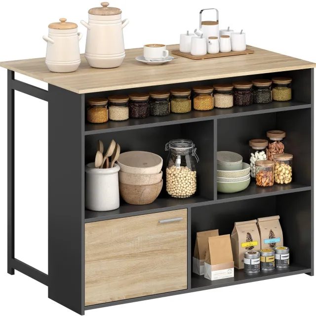 Bresht Uitschuifbare Bartafel - Met Opbergruimte - Inklapbaar - 4 Open Vakken en Kast - Zwart/houtlook - 116 × 30-79,6 × 90,5 cm Zwart met houtlook