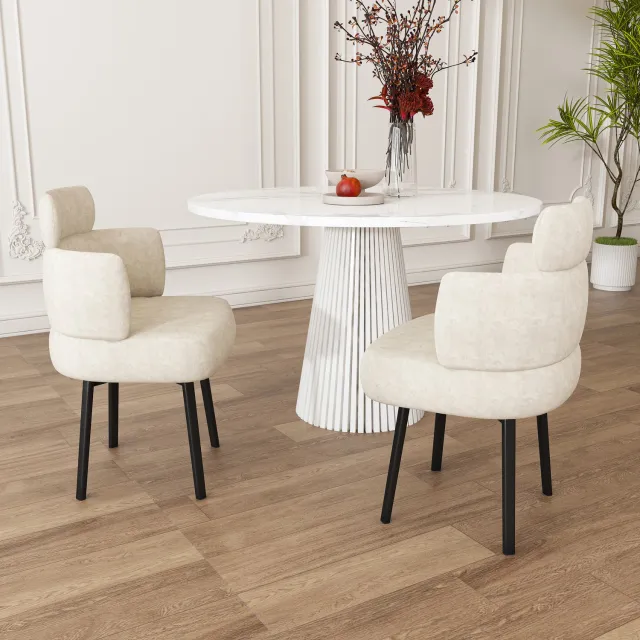 Wishdor Draaibare eetkamerstoel met armleuningen - 360° draaibare zitting - Gebogen rugleuning en zachte vulling - Chenille bekleding - Metalen vierpoot - Eetkamer woonkamer kaptafel - Crème-wit - 56,5 x 54 x 89 cm