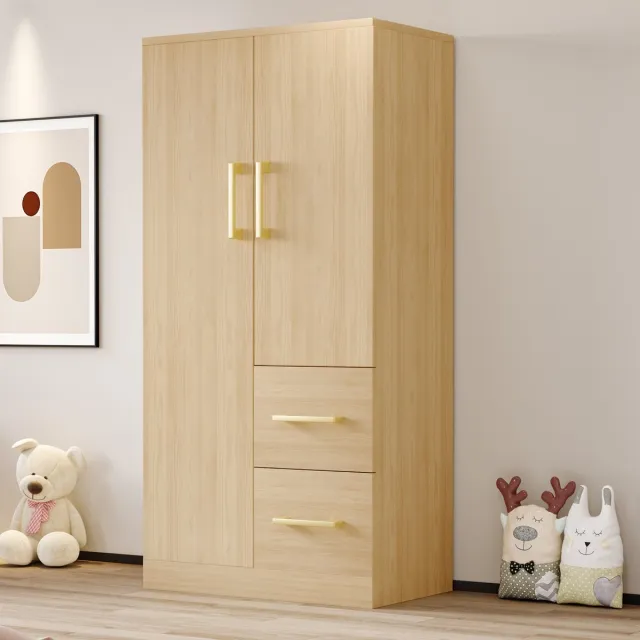 HAUSS SPOLE Kledingkast - Dubbelt Deurs Met Twee Laden En Groot Opbergvak - Voor Kinderkamer, Geschikt Voor Hoogslaper - Hout - 70x40x135 cm - Houtkleur