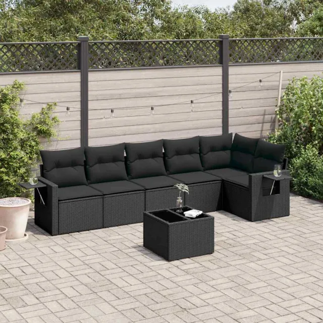 vidaXL 7-delige Loungeset met kussens poly rattan zwart, foto 2