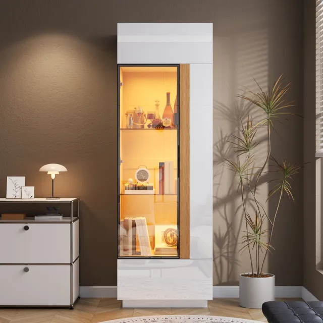 Welltin Vitrinekast 60 x 40 x 180 cm - glazen deur - gesloten opbergruimte - appgestuurde LED-verlichting - Wit