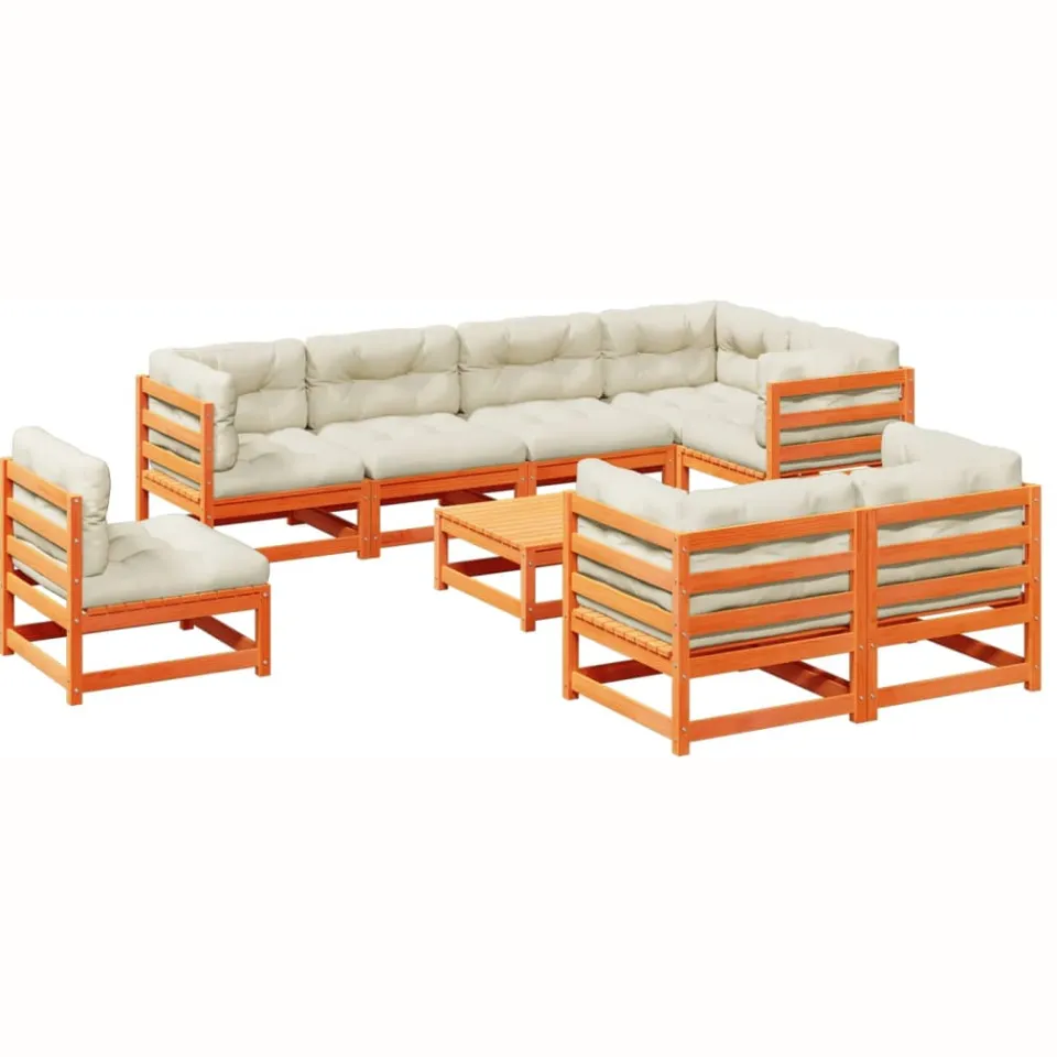 vidaXL 9-delige Loungeset met kussens massief grenenhout wasbruin