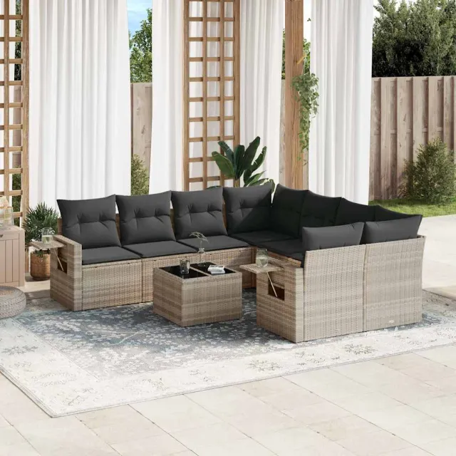 vidaXL 9-delige Loungeset met kussens poly rattan lichtgrijs grijs, foto 2