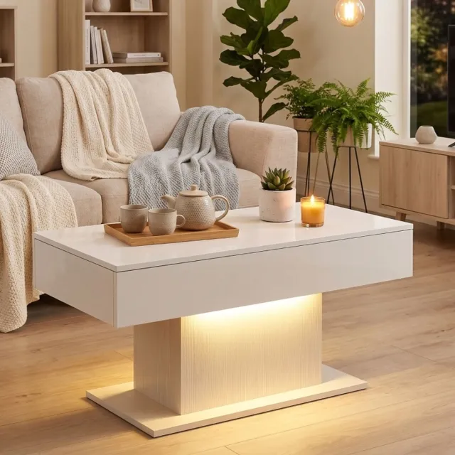 FloraGrace Salontafel - Hoogglans Met RGB Ledverlichting En 2 Greeploze Lades - Voor Woonkamer En Slaapkamer - Hout - 108x48x55 Cm - Wit