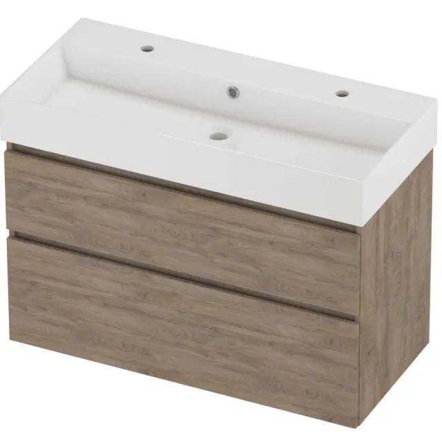 Proline Zara Badmeubelset Porselein Loft 2 Kraangaten Asymmetrisch 100x46x73 cm Glans Wit Raw Oak Eiken