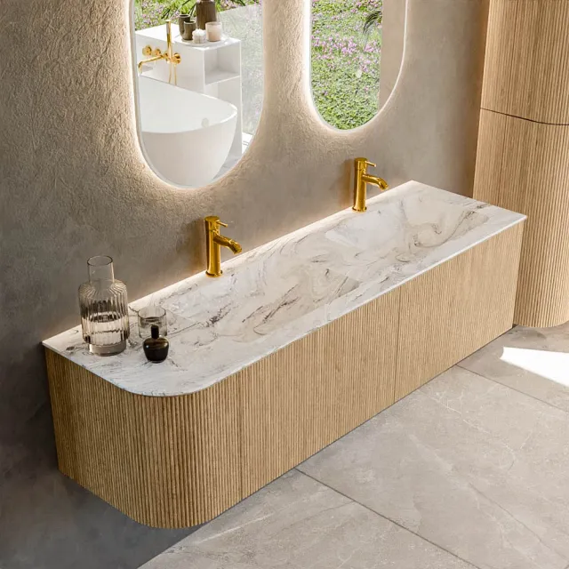 Mondiaz KURVE-DLUX 155 cm Onderkast Greeploos 2 Lades Met Deuren Oak, Wastafel Solid Surface Rechts Glace 2 Kraangaten Zonder Spiegel (KRVLEA155L2L1D2KD-Oak/Gla)