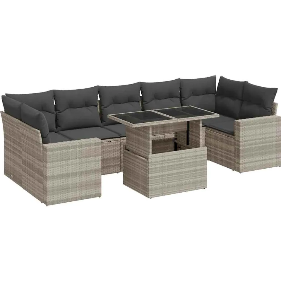 vidaXL 8-delige Loungeset met kussens poly rattan lichtgrijs grijs, foto 3