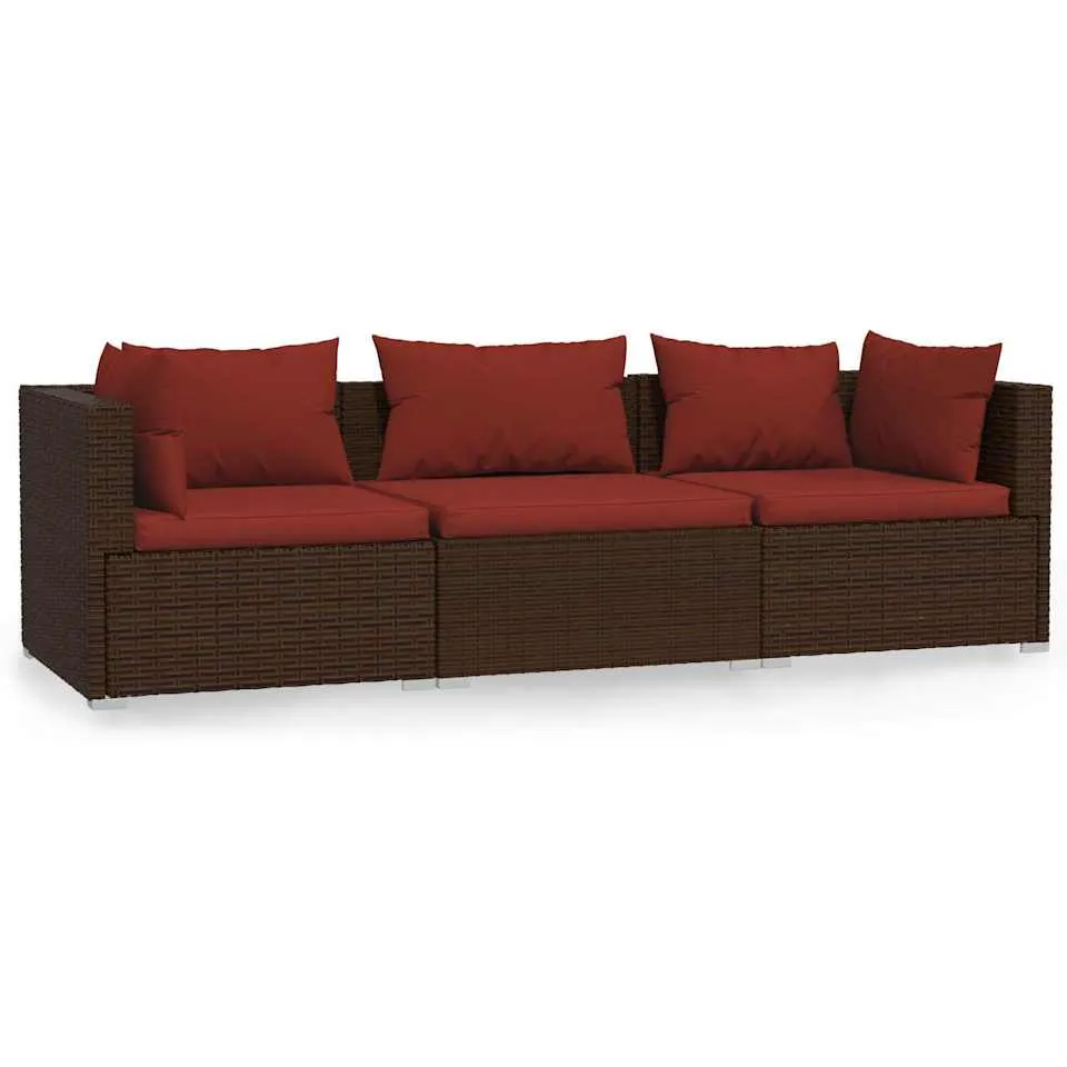 vidaXL Bank 3-zits met kussens poly rattan bruin, foto 3
